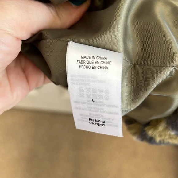 NWT Lucky Brand Faux Fur Long Line Coat green leopard camo size large - Picture 10 of 13